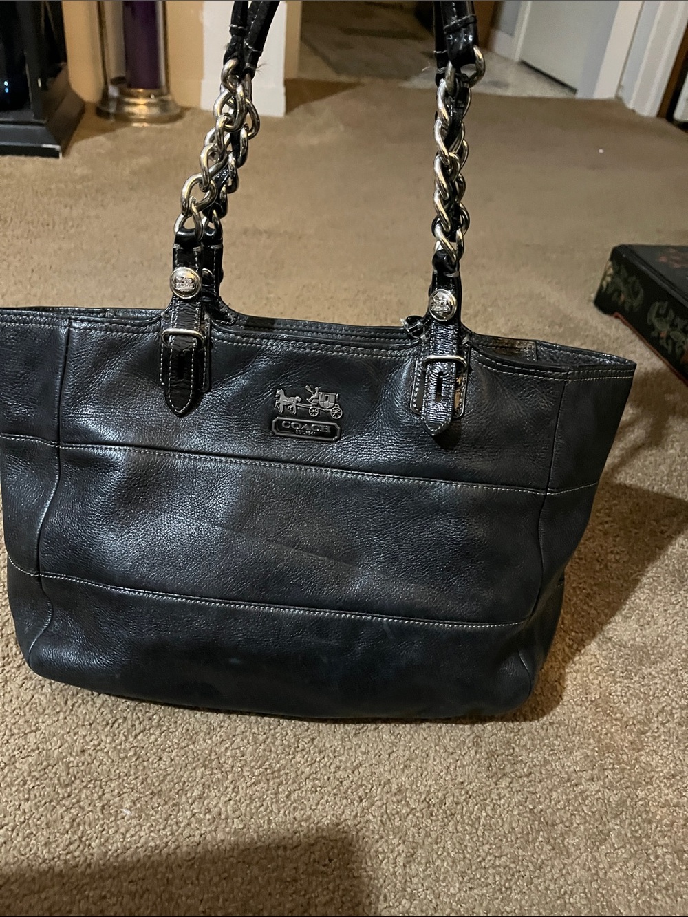 Coach Black Leather Tote with Chain-Detail Shoulder Straps
